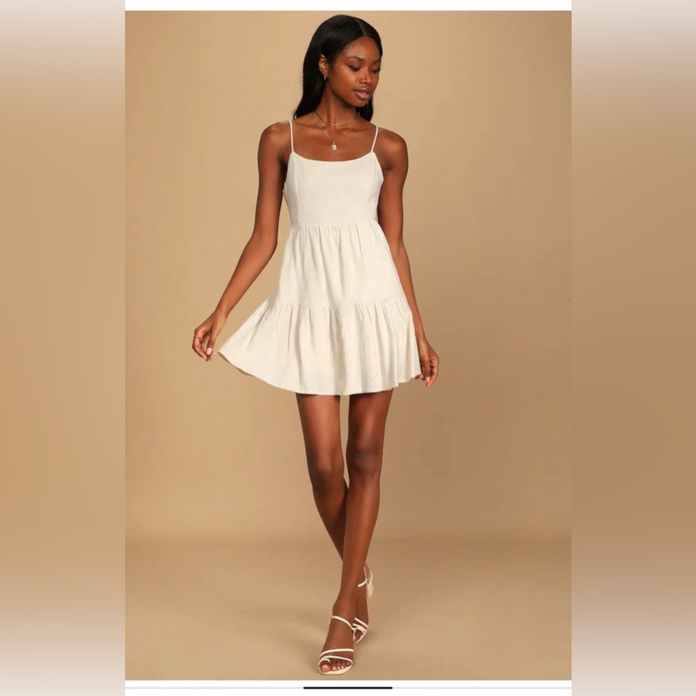 Lulus Always Got Your Back Beige Tiered Tie-Back Mini Dress size small